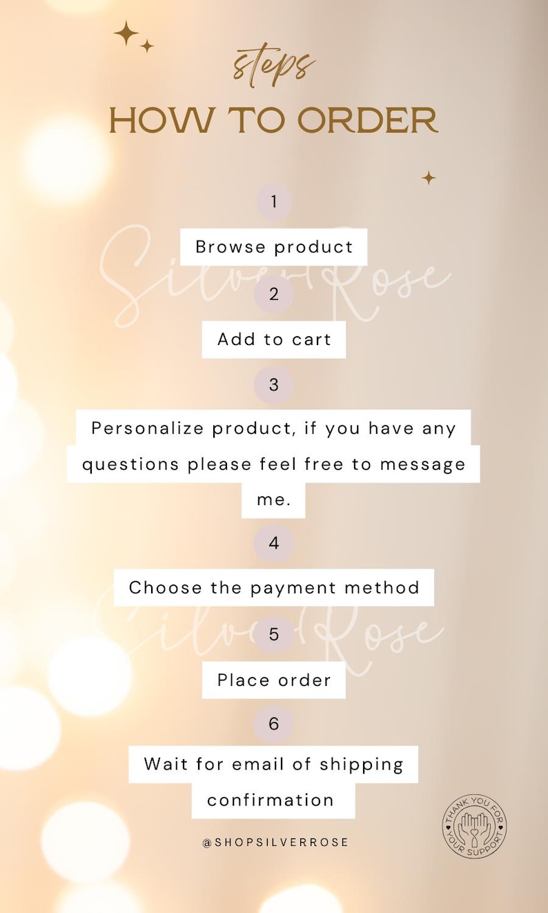 May include: A graphic with the text "steps HOW TO ORDER" and numbered steps: Browse product, Add to cart, Personalize product, Choose the payment method, Place order, and Wait for email of shipping confirmation.