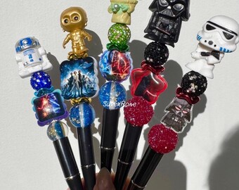 Star Wars inspired Beadable Pens |Handmade Character Pen | R2-D2, C-3PO, Grogu, Darth Vader & Stormtrooper Pen |Gift for Star Wars Fans