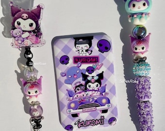 Conjunto de porta-crachá inspirado em Kuromi | Caneta artesanal com miçangas, porta-crachá e porta-crachá retrátil | Presente para enfermeira | Acessórios de escritório kawaii