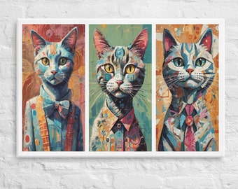 Trois chats fantaisistes déguisés art pop rétro sur toile