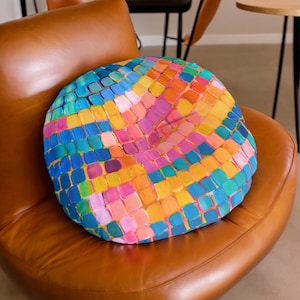 Disco Ball Tufted Floor Cushion Pillow – Retro 70s Home Decor, Colorful Teal Pink Orange Yellow Seating, Funky Boho Housewarming Gift