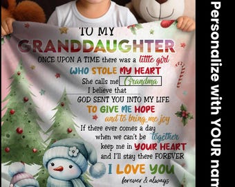 Personalized To My Granddaughter Christmas Snowman Blanket from Grandma or Grandpa, Soft Pink Winter Fleece Throw for Girls