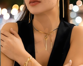 Snake Chain Bow Sieraden Set, Gouden Boog Oorbellen, armband en ketting set, Trending Bow Sieraden Set, Zilveren Boog Sieraden Set, Unieke cadeauset