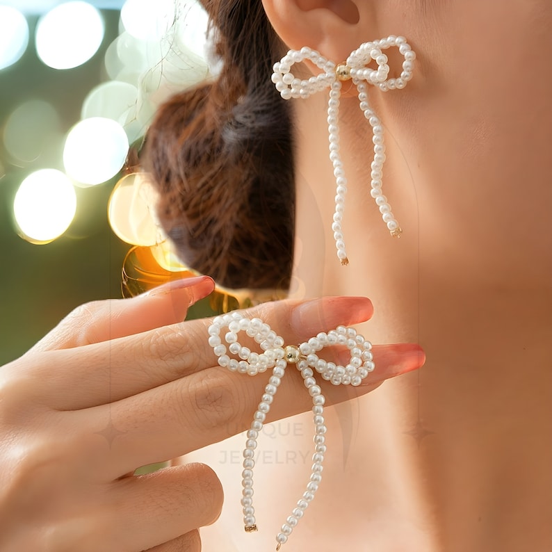 Pearl Bow Earrings, Aesthetic Drop Earrings, Pinterest Earrings, Bridal Earrings,Handmade Earrings Beaded ,Trendy Earrings,Bow Earrings Gold image 1