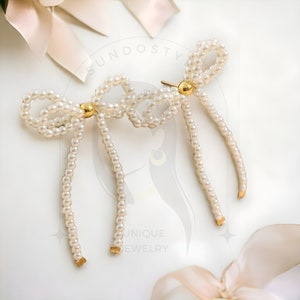 Pearl Bow Earrings, Aesthetic Drop Earrings, Pinterest Earrings, Bridal Earrings,Handmade Earrings Beaded ,Trendy Earrings,Bow Earrings Gold image 4