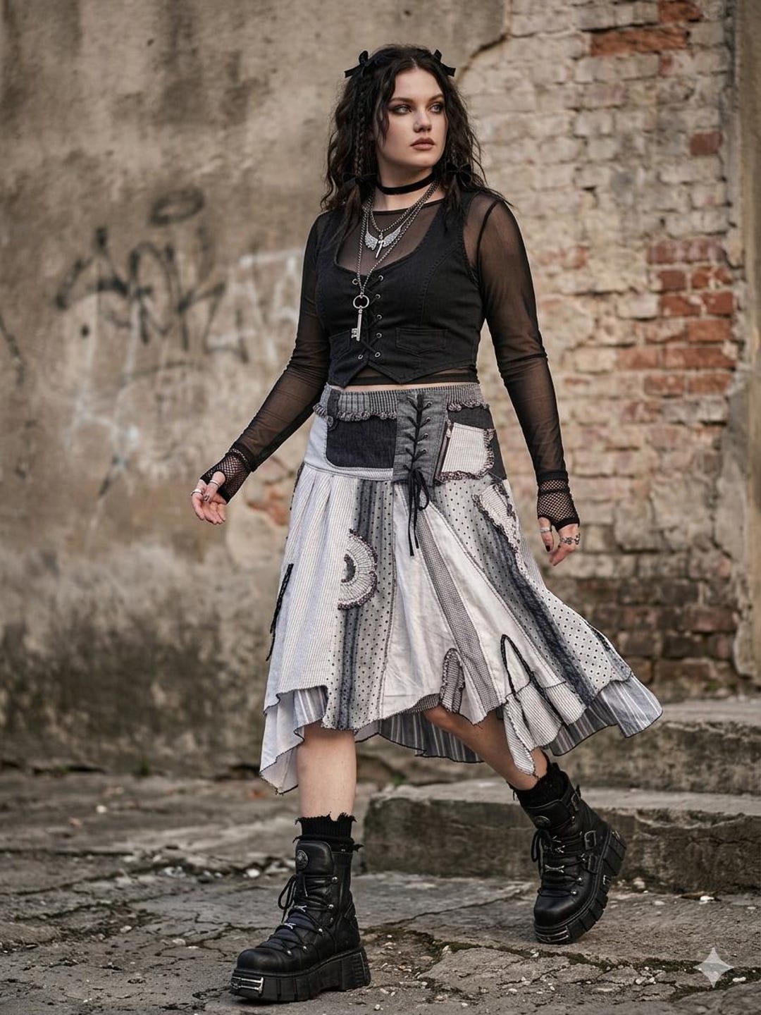 LISSA Patchwork Midi Skirt XL: Asymmetrical Lace-up Corset, Mori