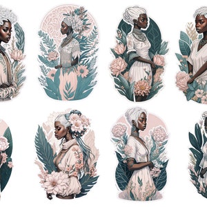 Lot d'autocollants floraux élégants - Femmes gracieuses avec motifs floraux (PNG, PDF)