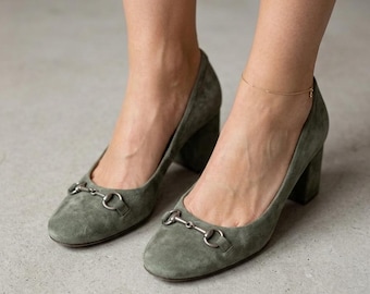 Vintage Billi Bi Suede Pumps, Olive Green Horsebit Block Heels, Danish Design Size 39