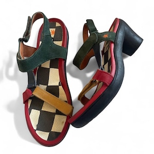 The Art Company Multicolor Suede Sandals – Eclectic Heels with Checkered Insole – Made in Spain size 39