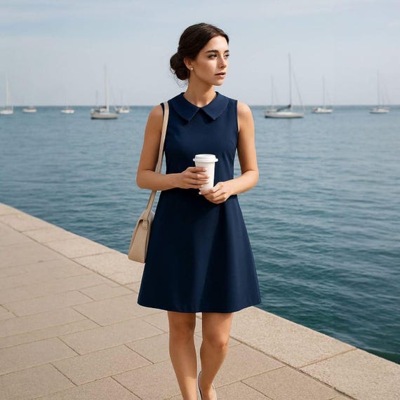 Vintage Style Painted Threads Navy Blue Shift Dress with Peter Pan Collar