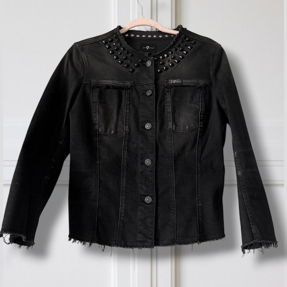 7 For All Mankind, 7 For All Mankind Studded Black Denim Jacket, Italian Made, Distressed Punk Grunge