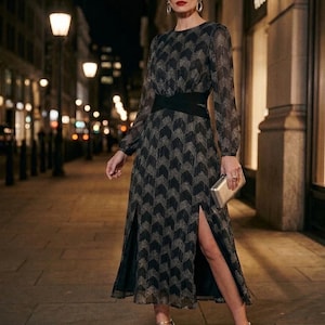 ted baker black and silver dress TED BAKER Black Silver Glitter Metallic Stretch Knit Skater Flare Dress 5= 10/12