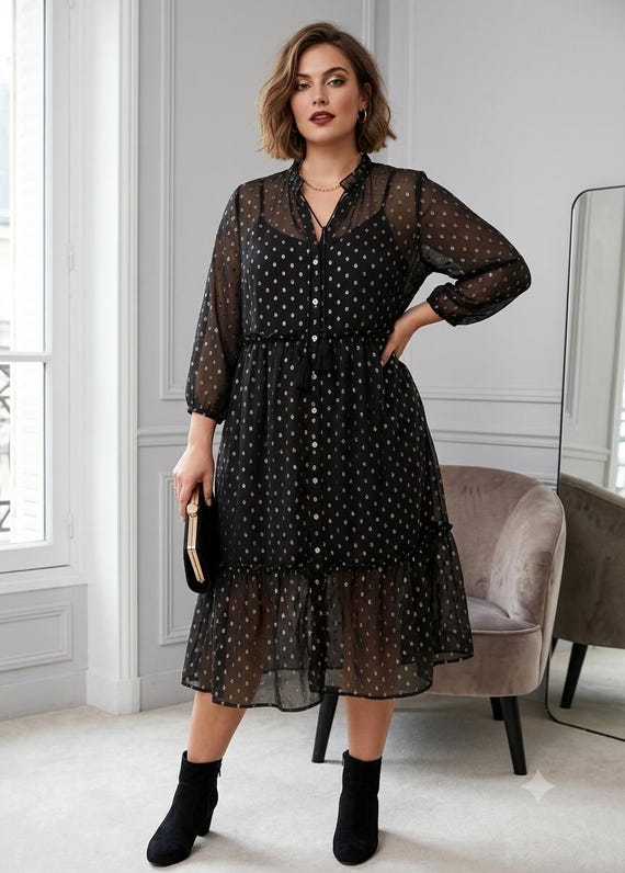 black dress gold dots DNY CPH Chiffon Metallic Clip Dot Midi Dress, Tassel Neck Tunic XL Mini dress