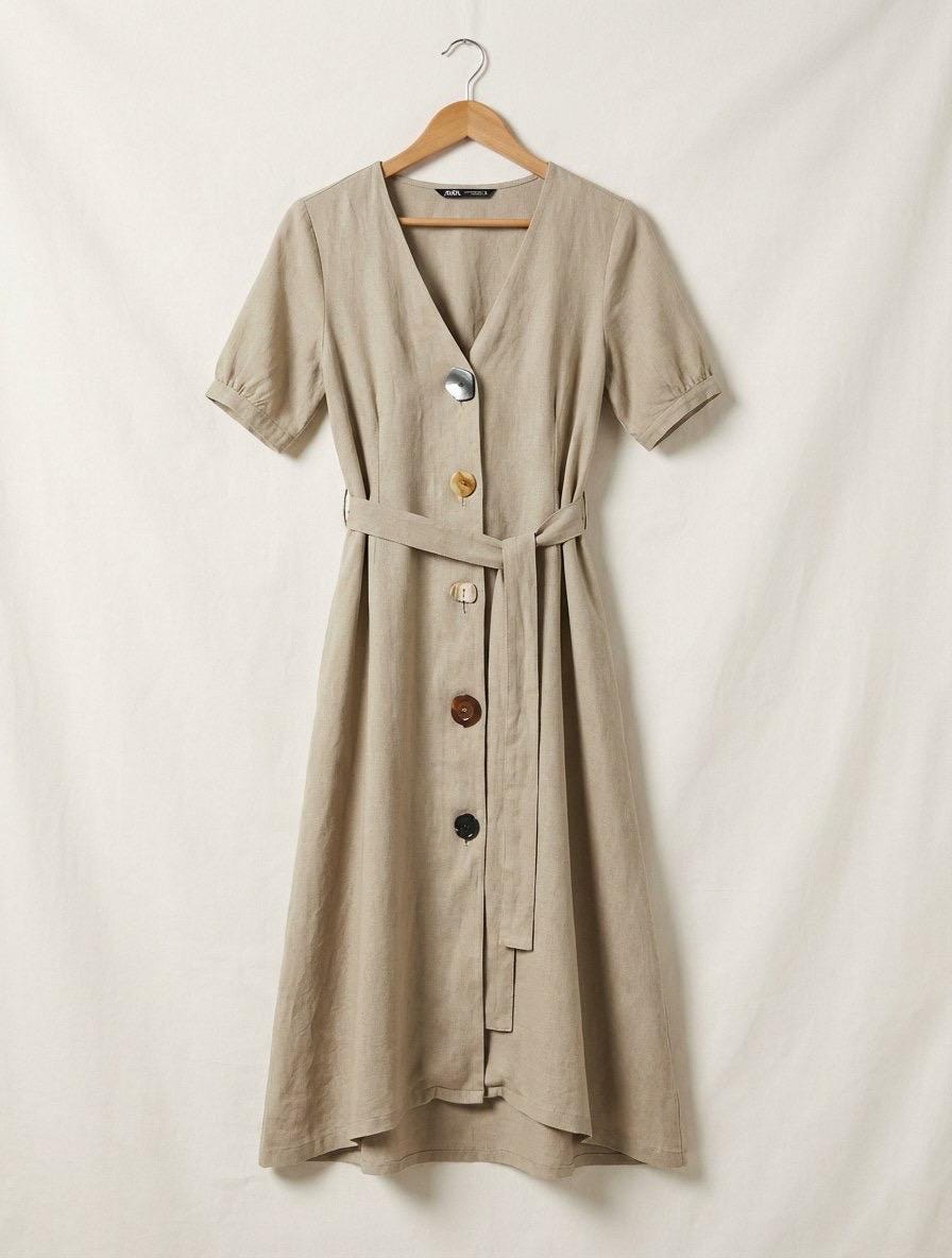 zara beige button dress Zara Beige Belted Button Dress Statement Buttons Modern Minimalist Style