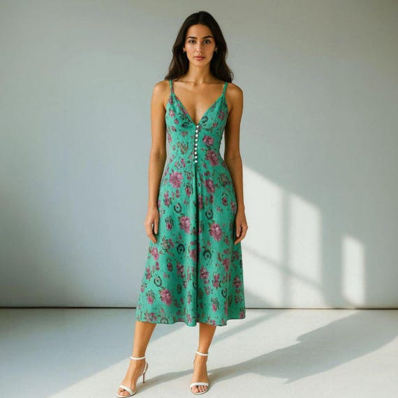 Vintage Green Floral Button-Front Midi Dress - Summer V-Neck Sundress