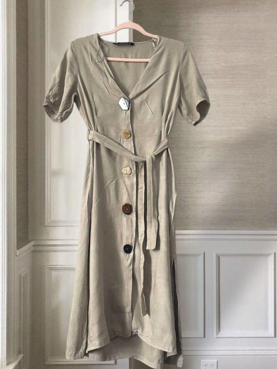 zara beige button dress Zara - Belted Midi Dress - Khaki