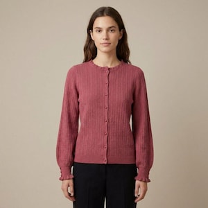 Sézane Modern Merino Wool Cardigan Sweater - Ruffle Collar Pointelle Knit - Size S