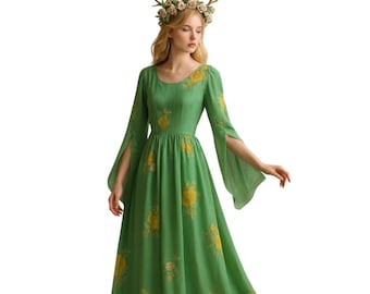 Vintage Handmade Silk Maxi Dress – Green Floral dress
