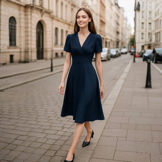 navy blue pin up dress Natalie Dress in Royal Blue Crepe