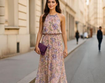 Vestido longo floral com alças finas | Vestido de verão estilo boho | Tecido leve e fluido | Estilo festa no jardim