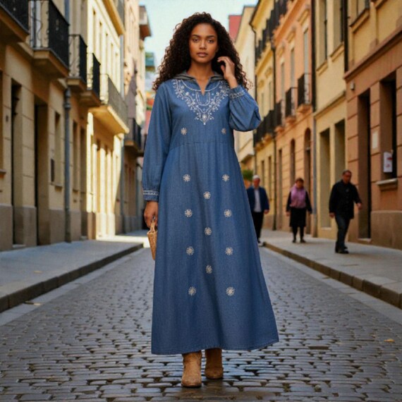 Vintage 70s Embroidered Denim Maxi Dress: Indian Boho Style - Etsy
