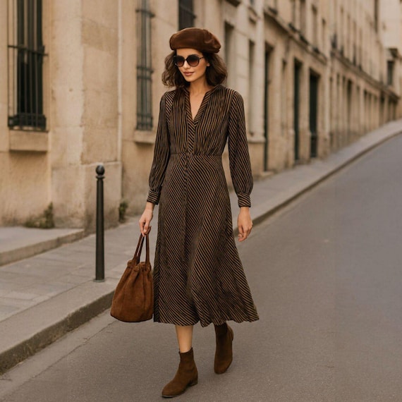 Other Stories Striped Viscose Dress  V Neck, Ruched Waist, Long Sleeves  Size M - Etsy Ireland