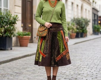 Vintage Rinascimento Patchwork Midi Rock, Artsy Boho Cord A-Linie Italien