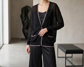 Vintage Terre Alte Cardigan – Schwarze Fledermausärmel – Strickjacke in Pfirsichoptik – Italienische Marke Größe 46