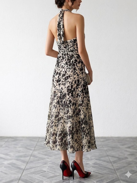 coast halter neck dress Buy Vintage Silk Floral Midi Dress, Cream Black Ruched (UK 10 / US 6) Online in India labordaysale2021