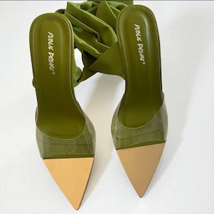 Public Desire Olive Green Pointed Toe Heels, Clear Wrap Straps Size 41