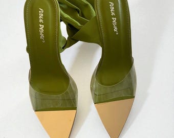 Public Desire Olive Green Pointed Toe Heels, Clear Wrap Straps Size 41