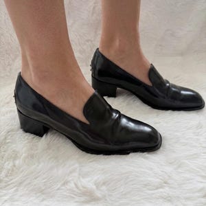 Vintage Tod's Black Leather Loafers, 90s Square Toe Heels, Made in Italy (IT 39,5)
