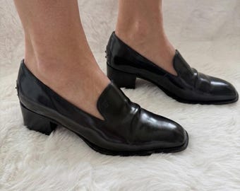 Vintage Tod's Black Leather Loafers, 90s Square Toe Heels, Made in Italy (IT 39,5)