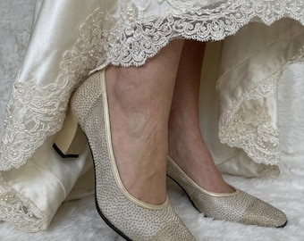 Vintage guldfärgade bröllopspumps, italienska brudskor, Vicari Venezia strass mesh klackar, gyllene kvällsskor, unika bröllopsskor