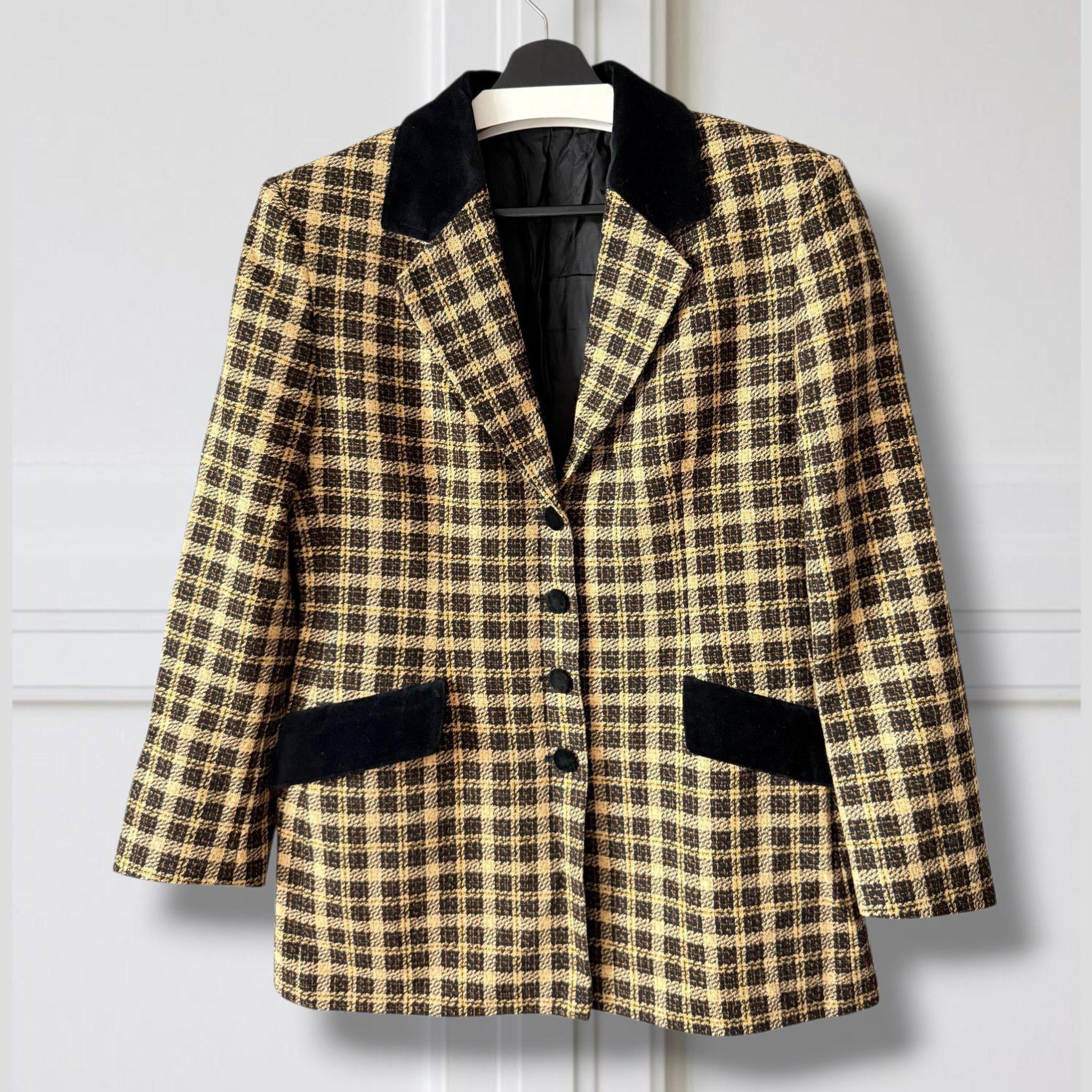 Plaid Blazer Women's Vintage 80s Velvet Collar British Style