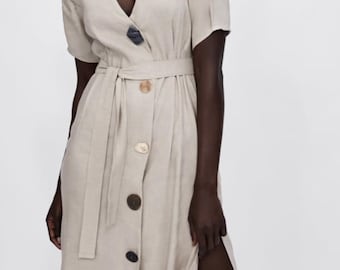 Zara Beige Belted Button Dress Statement Buttons Modern Minimalist Style -  Etsy