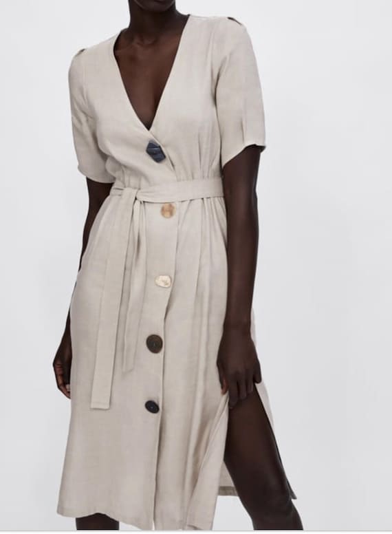 Zara Beige Belted Button Dress Statement Buttons Modern Minimalist Style -  Etsy Australia