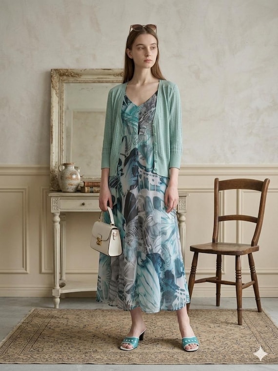 light blue dress with cardigan Y2K Abstract Maxi Dress, Mint Cardigan, Italian Leather Mules Set Color:Navy Blue it offers a fresh wdi (walt disney imagineering) ASOS DESIGN ruched sleeve