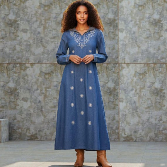 white christmas dresses Denim Dress With Printed Embroidery – Saiid Kobeisy Online