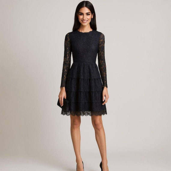 French Black Lace Tulle Dress Romantic Gothic Evening Wear size S French Black Lace Tulle Dress Romantic Gothic Evening Wear size S