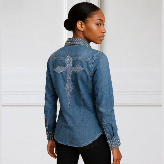 Veste En Denim Vintage à Clous (studded) Pour Femme - Taille XL - Occasion Très Bon état