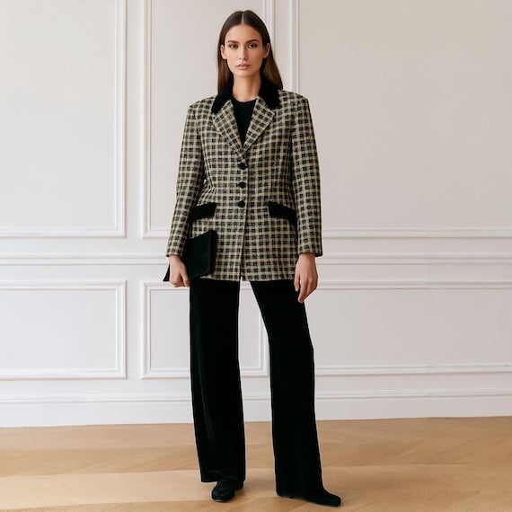 Plaid Blazer Women's Vintage 80s Velvet Collar British Style