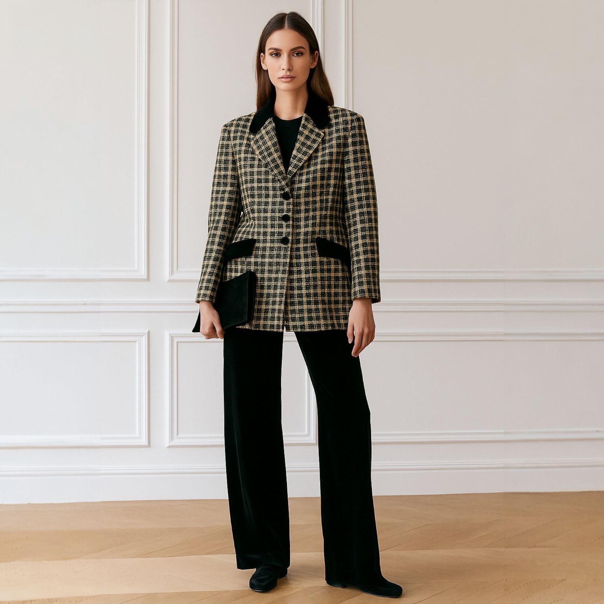 Plaid Blazer Women's Vintage 80s Velvet Collar British Style
