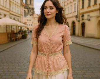 Lyla Lyla Pink Lace Blouse – Romantic Sheer Button-Up Top | Feminine Cottagecore Style