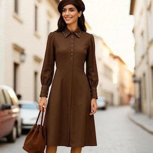 Vintage Brown Button-Front Dress | Romantic Long Sleeve Midi | Soft Fabric, Cottagecore Charm
