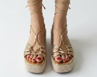 Circus by Sam Edelman Gold Metallic Platform Espadrilles Lace Up Gladiator Wedges (EU 40 / US 9)