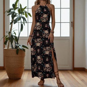 Vintage Gothic Skull Maxi Dress – Halloween Witchy Slip with Pentagram & Floral Print