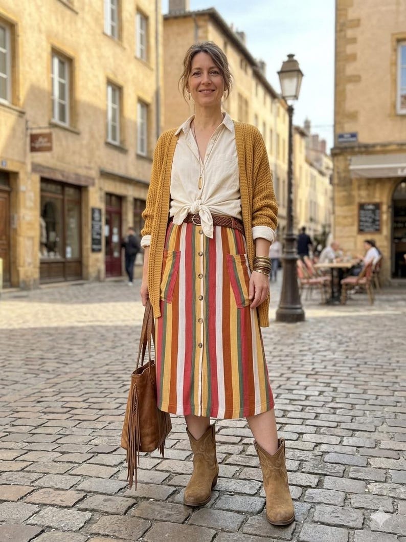 K&ouml;nnte beinhalten: Eine Frau tr&auml;gt eine senfgelbe Strickjacke, ein cremefarbenes Hemd und einen bunten gestreiften Rock. Sie tr&auml;gt auch braune Cowboy-Stiefel und eine braune Tragetasche mit Fransen.