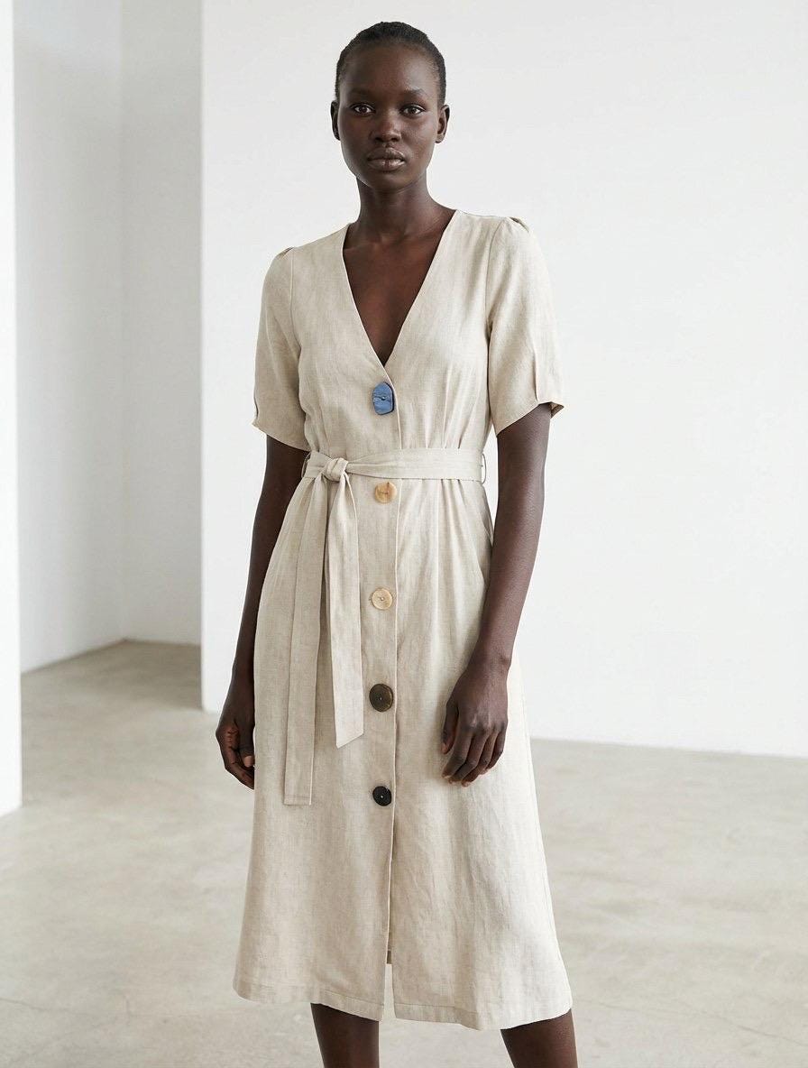 zara beige button dress Zara Beige Belted Button Dress Statement Buttons Modern Minimalist Style