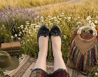 Neosens Black Leather Ballet Flats, Floral Detail, Genuine Leather Sole, EU 42